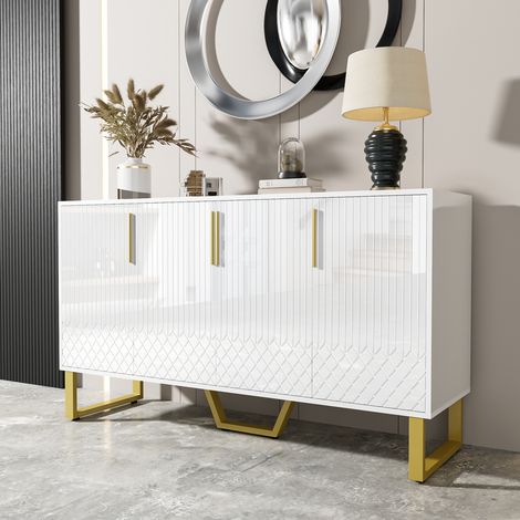 Buffet laqué blanc brillant 140x40x80 cm - Sideboard moderne 4 portes avec motifs géométriques, poignées et pieds en métal doré pour salon (1/5)