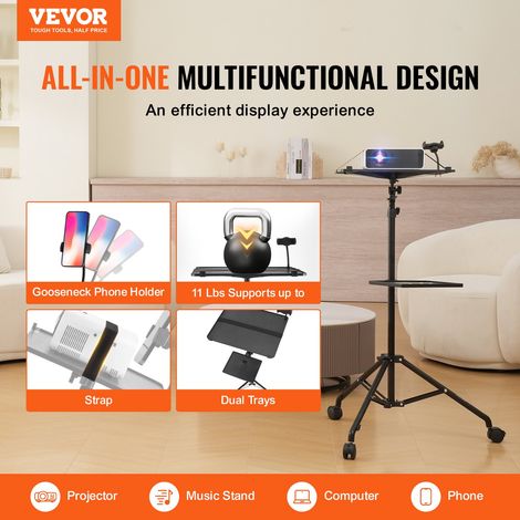 Support de Projecteur avec Roues, Trépied pour Vidéoprojecteur Hauteur Réglable 79,5-171 cm, Stand de Vidéoprojecteur Ordinateur Portable, 2 Plateaux, Support de Téléphone, Maison Bureau Studio (1/5)
