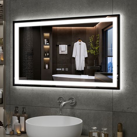 Puluomis LED Miroir de Salle de Bain 100x60cm, Miroir luminueux de salle de bain, Miroir mural, Interrupteur Tactile, Anti-buée, LED Réglable, Étanchéité IP44, Affichage numérique- Noir (1/5)
