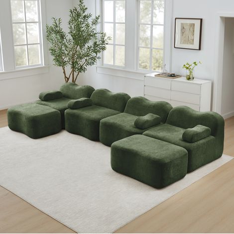 Sofá modular 4 plazas de terciopelo verde, forma en U con 2 otomanas, sin armazón interior y configuración flexible (1/5)