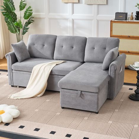Sofá De Esquina Convertible 3 Plazas con Arcón, Chaiselongue Reversible, Chenilla Gris (1/5)