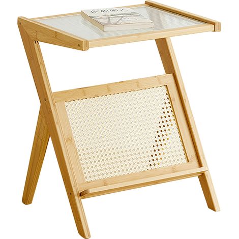 Table d'appoint en bambou avec plateau en verre, table d'angle moderne, table de chevet décorative pour salon, chambre, meuble d'appoint. (1/5)