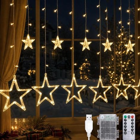 CNMTCCO Lichterkette für den Innenbereich, 12 Sternen-Lichterketten, 2,5 m x 1 m, mit Timer, 8 Funktionen, USB-Anschluss und Batteriefach (Warmweiß) (1/5)