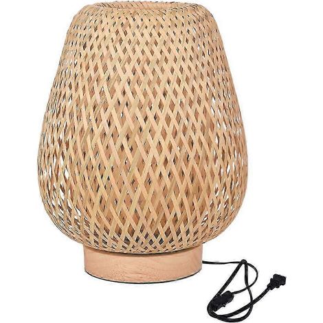 Lampe de table en bambou tressé avec base en bois naturel faite à la main, veilleuse de chevet respectueuse des yeux (1/5)