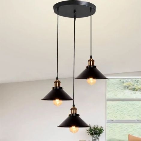 U-Do 3 Luminaires Suspension Ajustable design Vintage Lampe en Fer Noir 22cm en Disque Lustre éclairage pour Chambre (1/4)