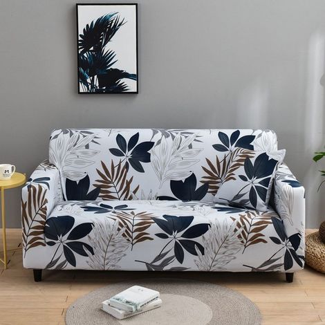 Housse de Canapé Extensible 2 Place Couverture Canapé avec Accoudoirs, feuille, noir, blanc[SFT192]