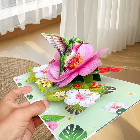 3D Phalaenopsis Orchid Birthday Card, Anniversary Card, Wedding Card, Retirement Thank You Card, Hummingbird and Hibiscus mutabilis 15x20cm
