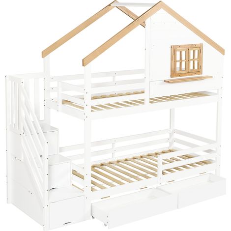 Litera casita 90x200 cm con escalera de almacenamiento blanca y natural (1/5)