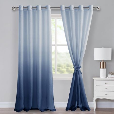 Rideaux en voile avec œillets - Lot de 2 - Dégradé - Rideau transparent ombre - Pour chambre à coucher et salon - Rideaux à tringle avec pince à rouleau - 245 x 140 cm (H x l) - Bleu jean (1/5)