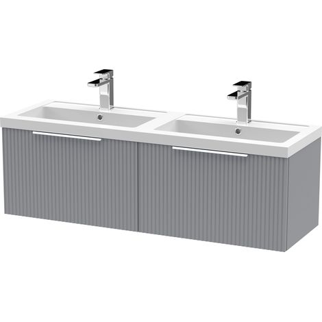 Contemporary Fluted 1200mm Wall Hung 2-Drawer Bathroom Vanity Unit with Double Polymarble Basin, Satin Grey (1/5)