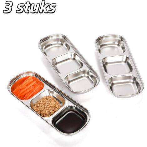 Ensemble de 3 pièces en acier inoxydable avec plateau à 3 compartiments pour sauce soja, sauces, vinaigre, épices, sel, sucre et autres assaisonnements, 20,5 × 8 × 2,5 cm, accessoire de cuisine et bar (1/5)