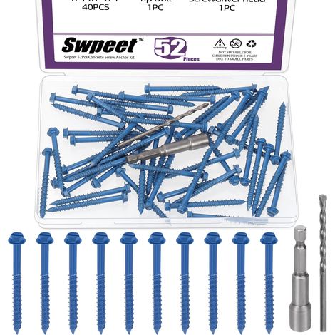 Lot de 52 vis à béton à tête hexagonale fendue de 6,35 mm x 8,9 cm avec douille hexagonale et assortiment de forets, vis à ciment autotaraudeuses pour ancrage (3/16"×2-1/4") (1/5)