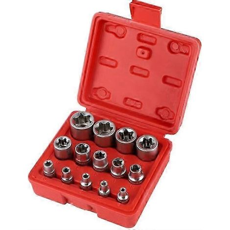 Coffret de 14 douilles étoile en acier au chrome-vanadium, 3 tailles : 1/4", 3/8" et 1/2", avec boîte de rangement pratique. (1/5)