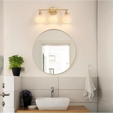 Applique de salle de bain, Applique murale 3 lumières en laiton pour miroir avec abat-jour ambré, ampoules non incluses (1/5)