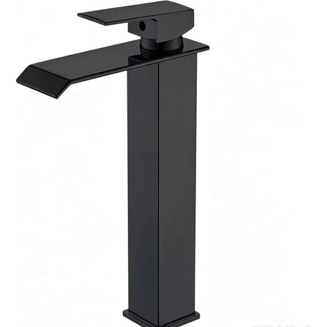 Robinet de Lavabo Cascade Noir Mat Haut en Acier Inoxydable 304 - Mitigeur Chaud/Froid pour Vasque à Poser avec Cartouche en Laiton (Modèle Haut - 8005A) (1/5)
