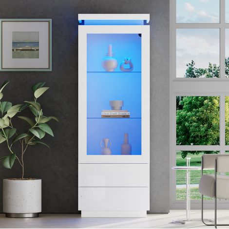 Vitrine blanche 60x40x171 cm avec LED et 2 tiroirs, pour salon, couloir et bureau (1/5)