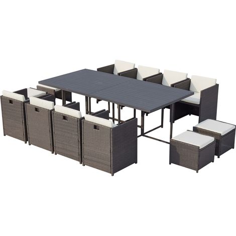 Concept-Usine – Table et chaise 12 places encastrables en aluminium et résine tressée gris-blanc – Dimensions table 234,7 x 114,7 cm – Coussins déhoussables