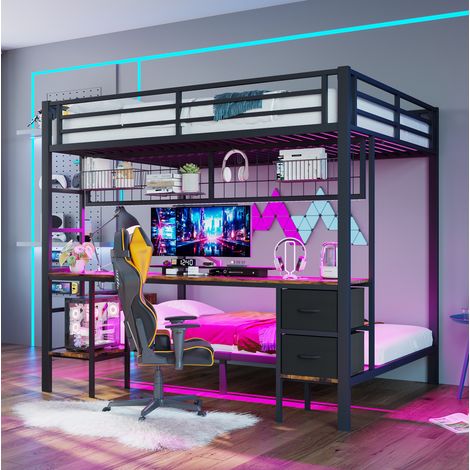 Lit mezzanine 140/200 cm noir en métal avec bureau, rangements et bande lumineuse à 7 couleurs (1/5)