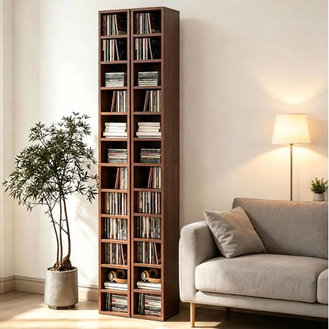 Scaffale porta CD 21x20x175 cm, salvaspazio, design per angoli, 12 livelli, MDF e truciolato, marrone (1/5)