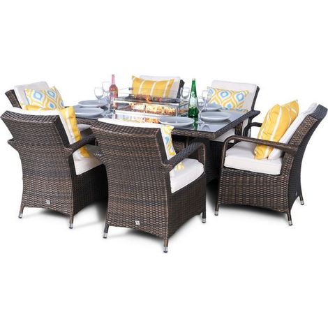 Arizona Fire Pit 6 Seater Rectangle Rattan Dining Set - Brown (1/5)