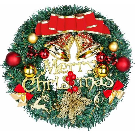 Weihnachtskranz, 40 cm, künstliche Weihnachtsgirlande, Weihnachtstürkranz mit Weihnachtsglocke, Weihnachtsmann, Weihnachtsdekoration, Kranz, Weihnachtsdekoration für Kamin, Dekoration, Baumtür (1/5)