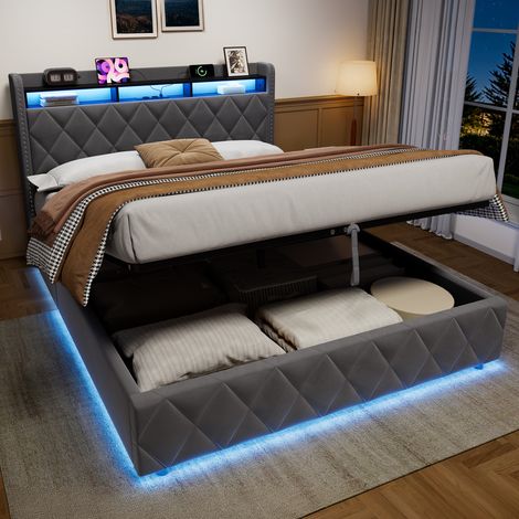 Cama con almacenamiento de 160 x 200 cm, terciopelo, cama doble con almacenamiento hidráulico, cama funcional/cama infantil con iluminación LED y cabecero en forma de diamante, colchón no incluido, gr (1/5)