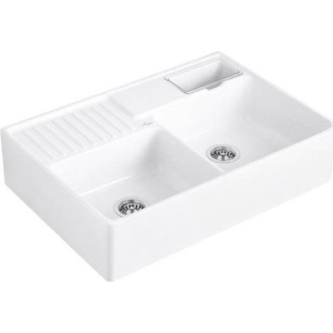 Villeroy & Boch – Évier timbre d'office 2 bacs 89,5 x 63 cm – Céramique CeramicPlus hygiénique – Vidage automatique – Fabrication française