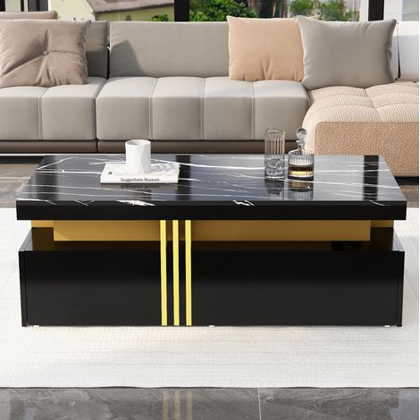 Tavolino in legno 100x50x40 cm con 2 cassetti e fascia decorativa in metallo dorato, nero (1/5)