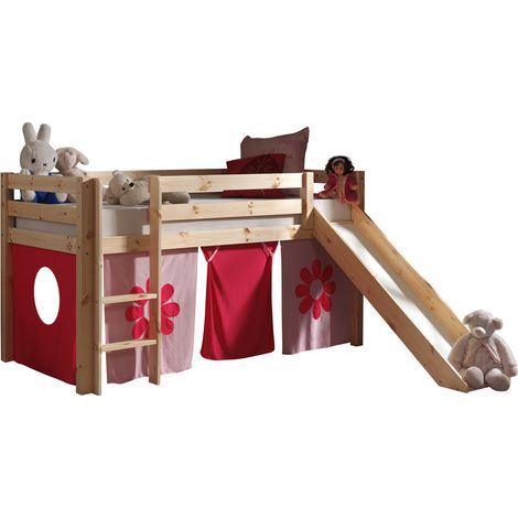 Hochbett Kinderzimmer mit Textilset Flower PINOO-12 incl. Rutsche in Kiefer massiv natur lackiert, B/H/T: ca. 210/114/218 cm