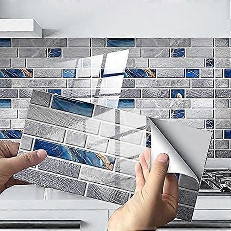 Stickers muraux décoratifs pour carrelage ciment Stickers pour carrelage mural salle de bain ou cuisine (gris clair bleu, 24 pièces) (1/5)