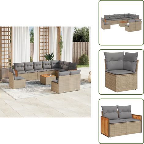 Salon de jardin 11 pcs avec coussins beige résine tressée - Ensemble Salon De Jardin - Meuble Extérieur - Mobilier De Jardin - Chaise Longue - Set Salon