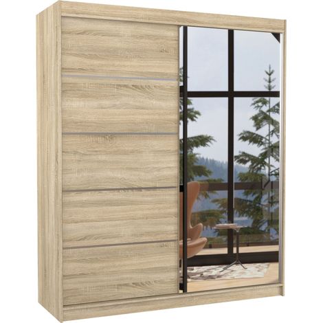Armoire de chambre design bois clair 2 portes coulissantes bois clair et alu avec miroir Karena 180cm (1/5)