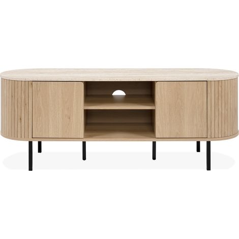 Meuble TV 2 portes 2 niches effet Chêne et Travertin 140 cm - Juna