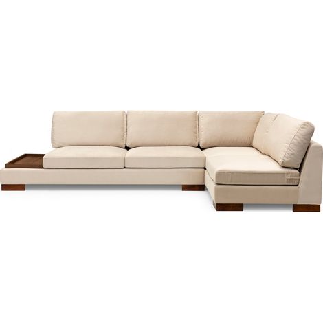 Canapé d'angle velours avec plateau en bois noyer Bakiza 313cm sans pouf angle droit-Beige clair-angle droit (1/5)