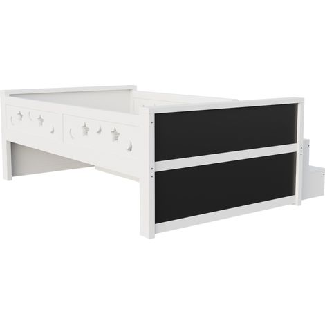 Cama infantil 90 x 200 cm blanca con estrellas y luna, pizarra, 4 cajones, LED y escalón (1/5)