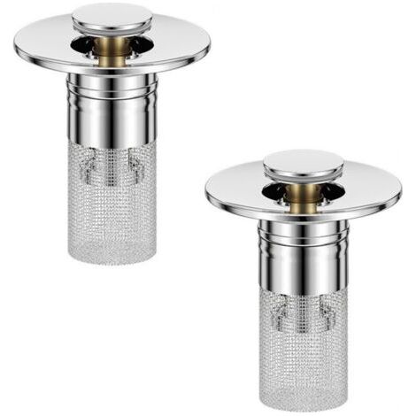 Bonde de lavabo pop-up avec attrape-cheveux, filtre en acier inoxydable 304, compatible trous 28-32 mm (Lot de 2) (1/4)