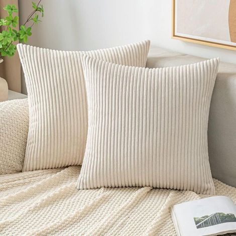 Housses de coussin carrées décoratives en velours côtelé, rayées, douces, pour la maison (canapé ou chambre), 40 x 40 cm, lot de 2, beige (1/4)