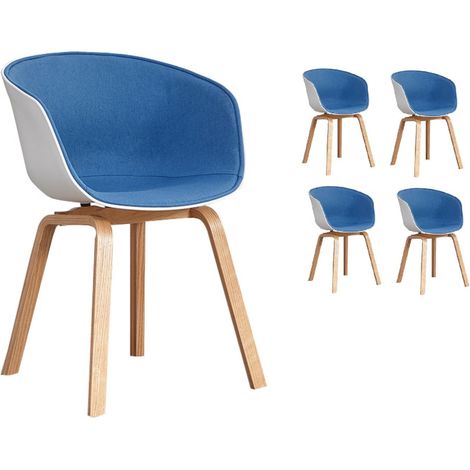Set di 4 comodissime sedie scandinave con scocca in resina bianca rivestita da un morbido tessuto blu e gambe in legno