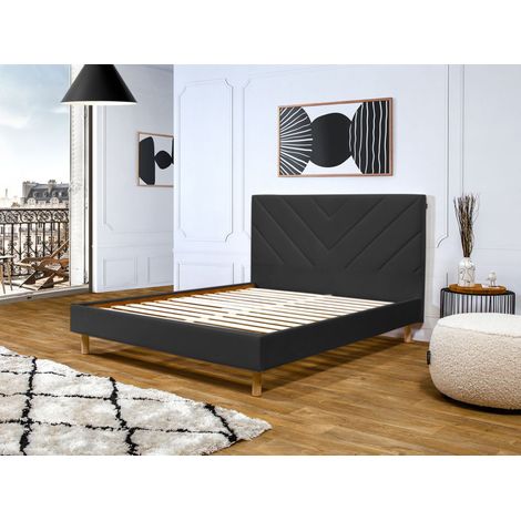 BOBOCHIC - Lit ROMANE avec lattes massives tissu velours 140x190 Gris foncé (1/5)