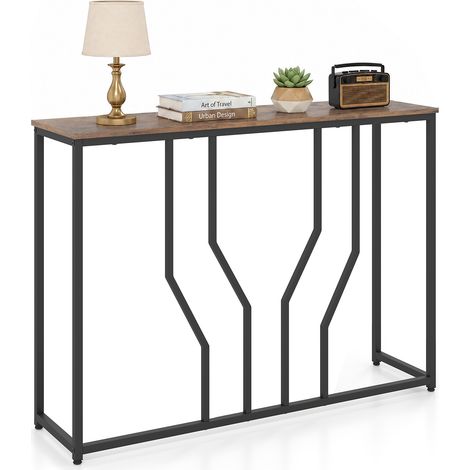 Console étroite marron en métal et bois avec plateau renforcé, pieds réglables et fixation anti-basculement pour entrée et salon (1/5)