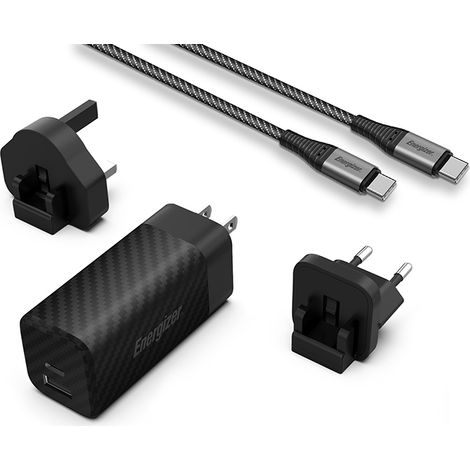 Energizer Ultimate - Caricabatterie da parete da viaggio multipresa UE/Regno Unito/USA GaN USB-C e USB-A 65W PD + cavo USB-C (nero) (1/5)