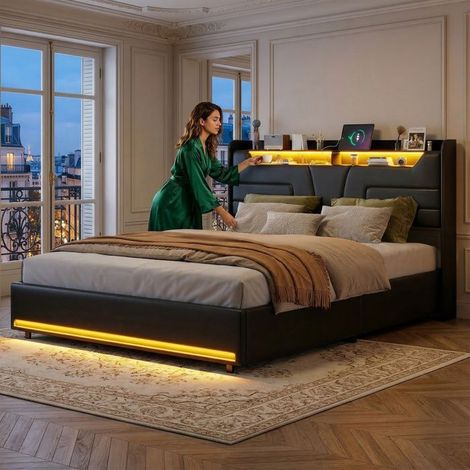 Letto con contenitore 140x190 con LED e USB, Struttura del letto 140x190 con rete, per adulti e adolescenti, PU nero