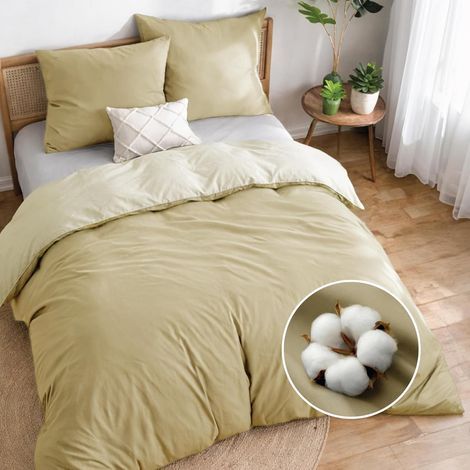 1 Parure De Lit 3 Pièces Housse De Couette 200x240 Coton Réversible Beige Taies 65x65 Adulte (1/5)