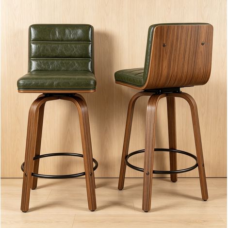Taburete de bar giratorio en PU verde con respaldo, reposapiés y patas de madera DESVIAE (1/5)