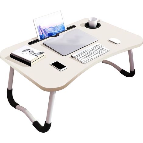 Tablette pliante pour lit avec porte-gobelet, bureau enfant en panneau de fibres, blanc, pour chambre à coucher (1/5)