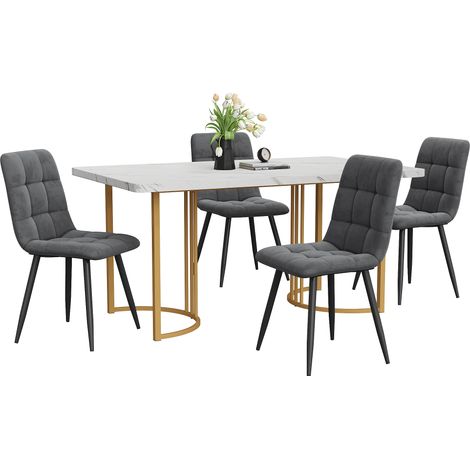 ELVMI Conjunto de Mesa y Sillas con 1 Mesa y 4 Sillas, Tablero Efecto Mármol, MDF y Terciopelo, Blanco (1/5)
