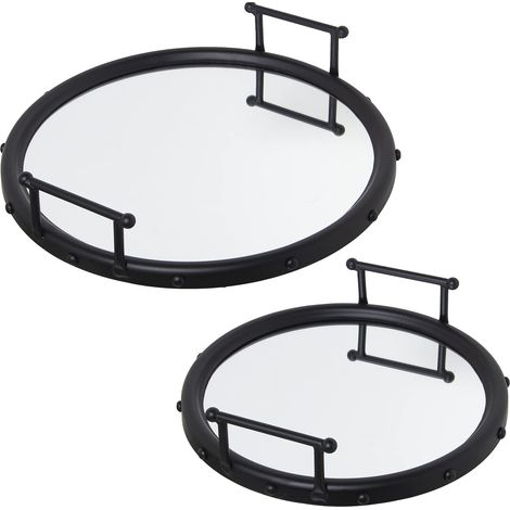Lot de 2 Plateaux Ronds en métal et Miroir en Noir Mat 47 x 9 cm et 40 x 9 cm, INT.41 et 33 cm (1/2)