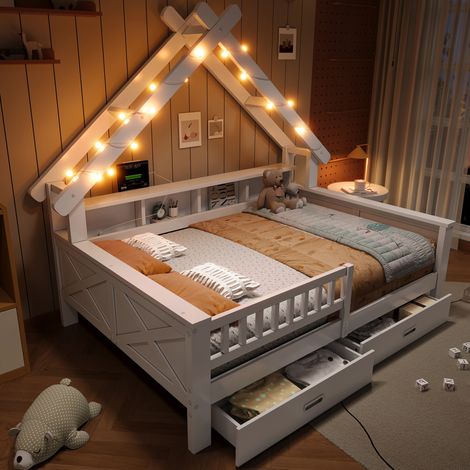 Kinder-Hausbett 140x200 cm, MDF/Kiefer weiß, LED, Stauraum, ohne Matratze – MEUBLIV (1/5)