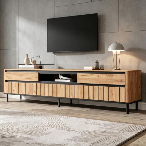 Meuble TV 180x40x52 cm, console basse pour téléviseur, 2 tiroirs et 2 portes, 6 pieds métalliques, charge max 30 kg, meuble salon moderne, centre multimédia pour écran 75 pouces, finition bois clair (1/5)