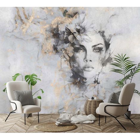 Vlies Fototapete Frau 150x105 cm, Tapeten, für Wohn und Schlafzimmer, Vliestapete Wandtapete Tapete 3D Effekt- inkl. Kleister - Abstrakt Grau Gold Glamour, WallArena (1/4)